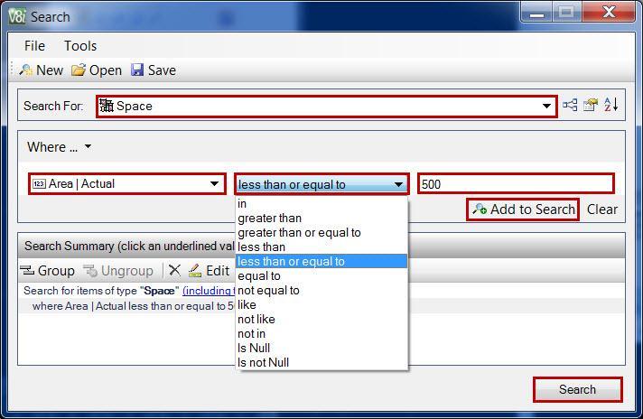 Searching Data The data can also be queried using the Search dialog. The Search dialog is opened from the Open Search Dialog icon on the Space Planner task Bar.