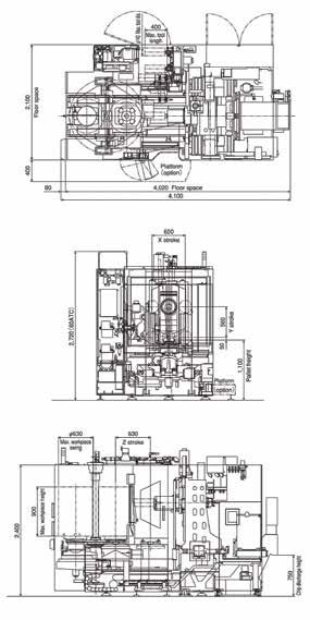 SPECIFICATIONS Work Area Units FH450J X-axis Travel (column) mm (in) 600 (23.62) Y-axis Travel (spindle head) mm (in) 560 (22.05) Z-axis Travel (table) mm (in) 630 (24.
