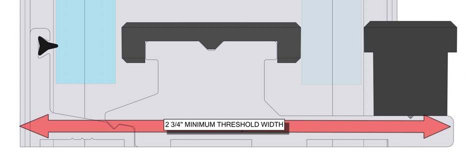 SHOWER HEAD MINIMUM THRESHOLD WITDH This unit requires a minimum 2 3/4 threshold width. The unit requires 2 3/4 of threshold width to ensure the unit does not hang off of the edge.