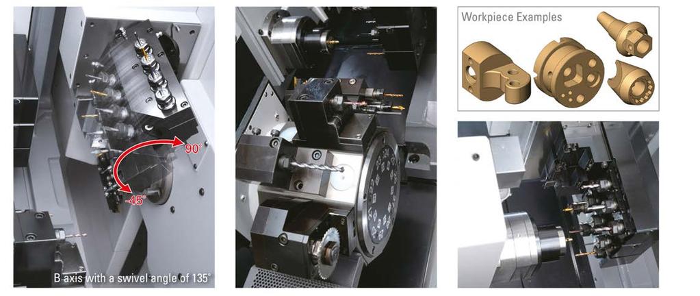 Tooling system Rotary tools on the gang tool post equipped with B axis *Type VIII On the M16 type VIII, the rotary tools on the gang tool post feature a B axis as standard, and four tools each can be