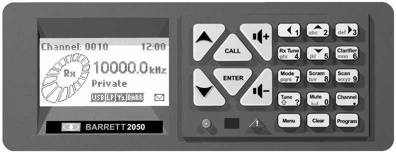 Operation User Controls 2050 transceiver front panel description Power on/off button The Barrett 2050 transceiver is turned on by pressing the green power button.