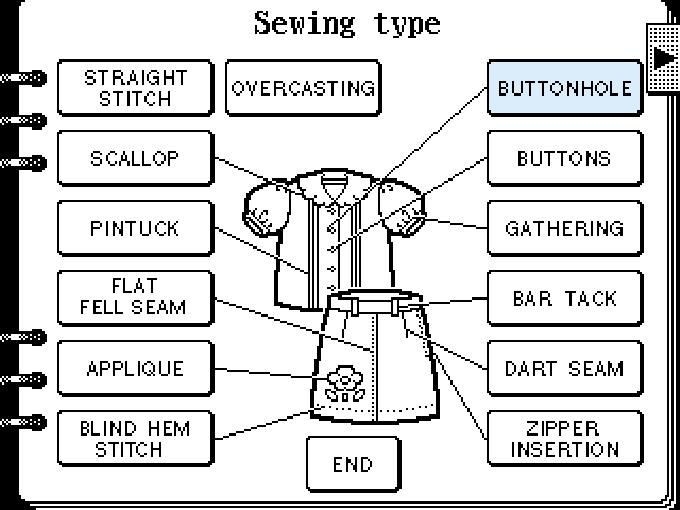 UTILITY STITCH SELECTION Setting Up (Example) Buttonholes. Touch the UTILITY STITCH key. 2. Touch the key. 3. Touch the BUTTONHOLE key. Embroidering 4. Select the desired application.