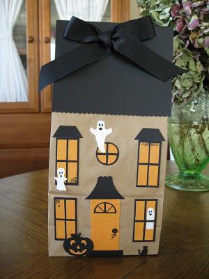 Paper Bag Spooky House Small paper bags Orange and black construction paper Foam Halloween stickers Markers or crayons Newspaper Stapler Scissors Glue Cut a supply of black construction house tops