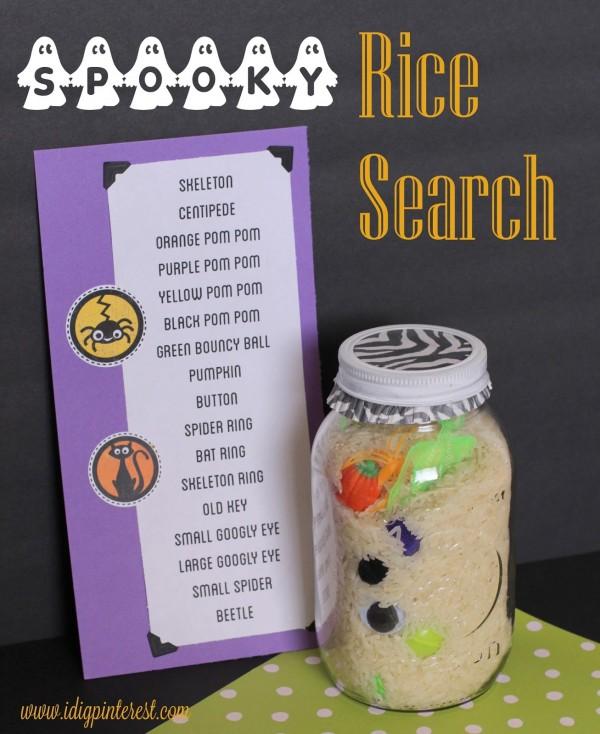 I Spy Halloween Treasures Large mason jar Small Halloween toys Small Halloween color items Printer Rice Print a list of all the items in the jar Place all the items in the jar Fill the jar with rice