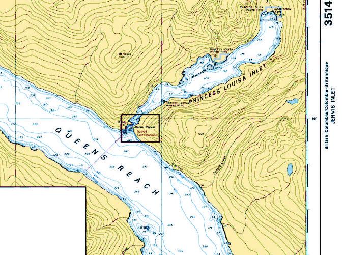 28 Inset for Malibu Rapids on chart 3514 (Jervis Inlet), at the center of this