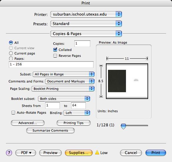 From the File menu, select Print. You should see a window like this: Select the menu next to Page Scaling and select Booklet Printing. This makes the magic happen!