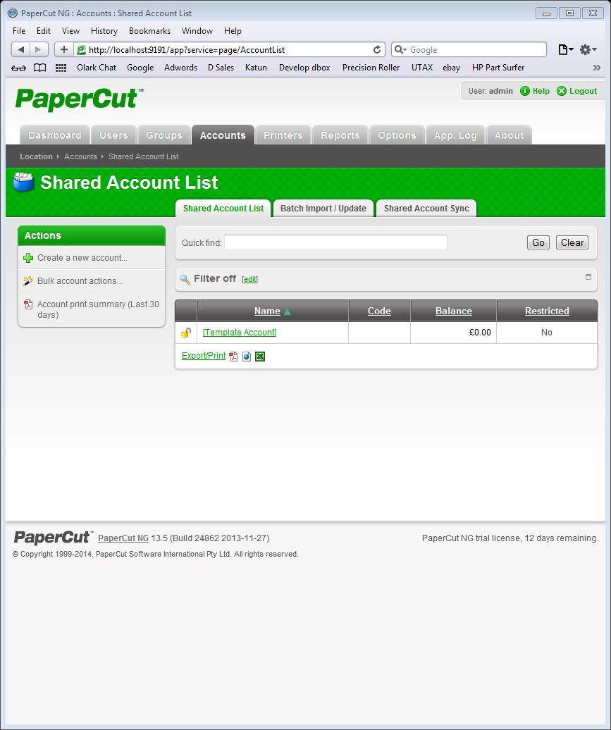 The accounts tab works in exactly the same way as the groups tab, but is designed to help you with billing. Rather then billing just one user or group, you can bill an entire account or department.