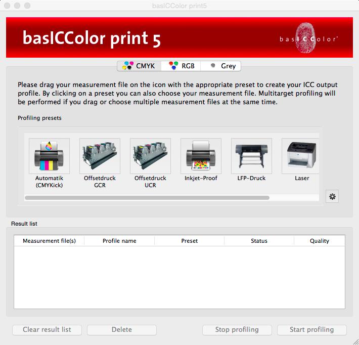 3. Quick Start After launching basiccolor print you will see the main program window. Color Space: With one of these tabs you select the color model for which you want to create an ICC-profile.