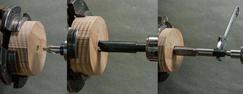 in the middle image of Figure #3. Then mount a mini-tap guide in your tailstock drill chuck and use it to align a 3/4 x10 tap for tapping the hole as in the right image of Figure #3.