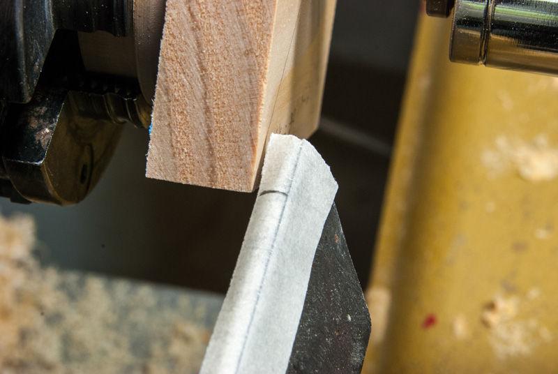 Then turn a rebate on the front of the jig to allow you to bevel the cork as in Figure #4. The rebate on the back of the jig in the photo was an error resulting from an overzealous cut.