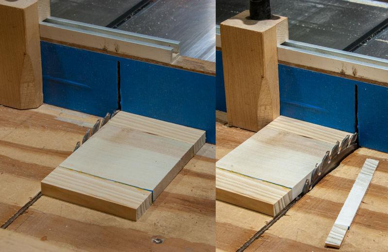 Place the blank on your table saw sled flat (bottom in the glue-up) side down with a waste wood piece against the fence and make a trimming cut as in the left image of Figure #16.