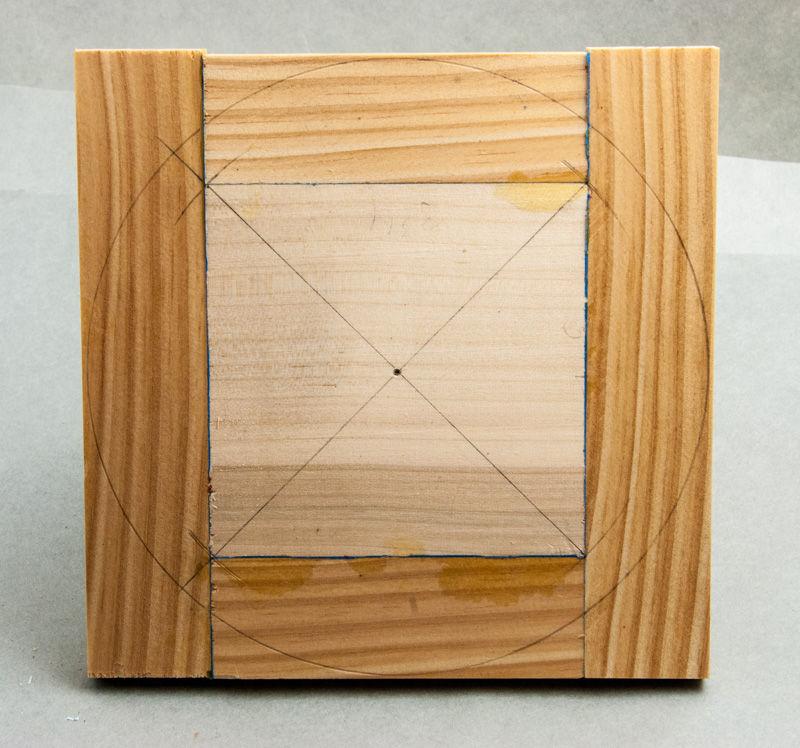 Then use the compass to draw a circle outside the corners, as in Figure #18. Having the waste wood extend past the corners of the square coaster will strengthen the temporary joints.