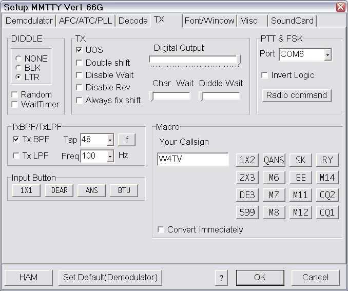 MMTTY setup: NOTE: Although micro2r will switch the FSK and PTT between radios, it does not switch digital interfaces.