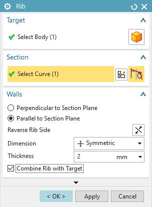 Get out of sketch mode and click the Rib button located under Menu Insert Design Feature. In the Rib dialog box set as Target the body you have so far.