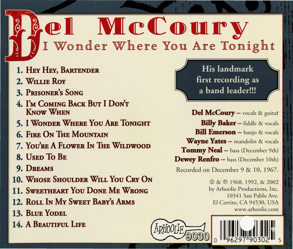 McColllliry, I Wonder Where You Are Tonight 1. HEY HEY, BARTENDER 2. WILLIE RoY 3. PRISONERS SONG 4. I'M COMING BACK BUT I DoN'T KNowWHEN 5. I WoNDER WHERE You ARE ToNIGHT 6. FIRE ON THE MOUNTAIN 7.