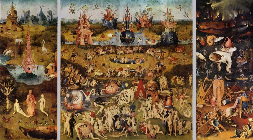 Hieronymous Bosch, Garden of Earthly Delights, open, 1505-1515, oil on wood panel Center panel 7 x 6, each wing, 7 x 3, Museo del Prado, Madrid.