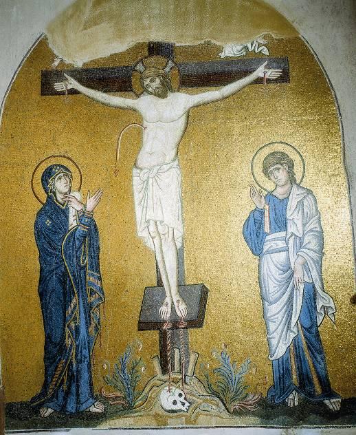 Crucifixion, Mosaic in Monastery Church, Daphne, Greece, early 12th century Cimabue s Madonna and Child is influenced by Byzan+ne stylized elongated figures, +lt of