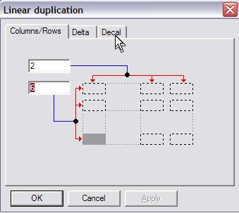 Figure 7-14 Linear Duplication Dialog B Figure 7-15 Linear Duplication F2 Dialog Box, Tab 3 Click on the right-most tab (Decal = Repeat).