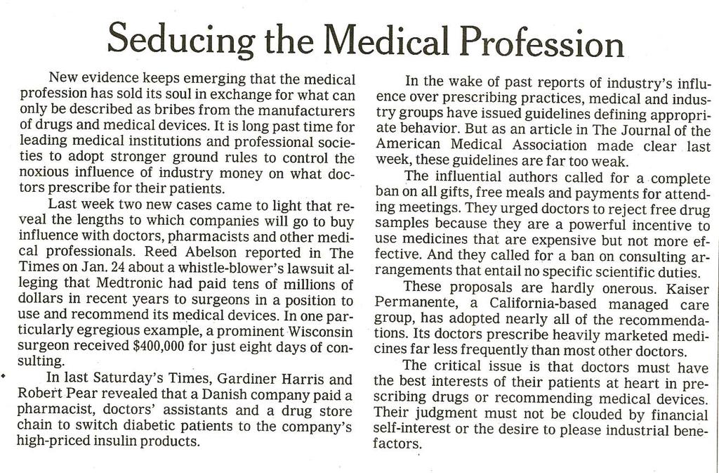 Seducing the Medical Profession NYTimes