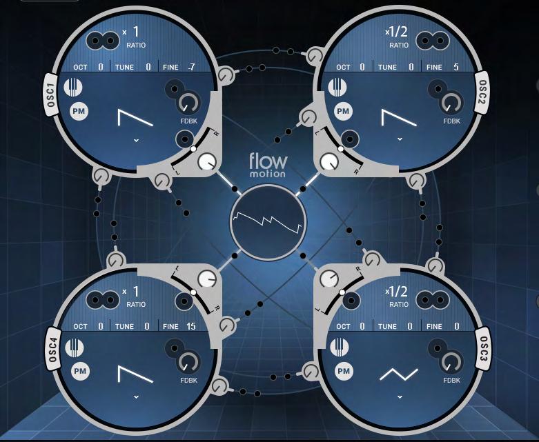 Use the floating modulators to enhance the movement and dynamics of the sound. Modulator slots are spread throughout the interface.