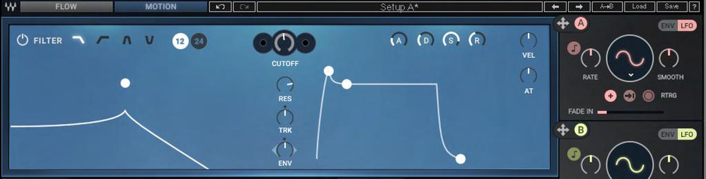 5. Use the integrated ADSR envelope to create dynamic filter movements per note. 6. Change the value of the ENV control to engage these ADSR envelope settings.