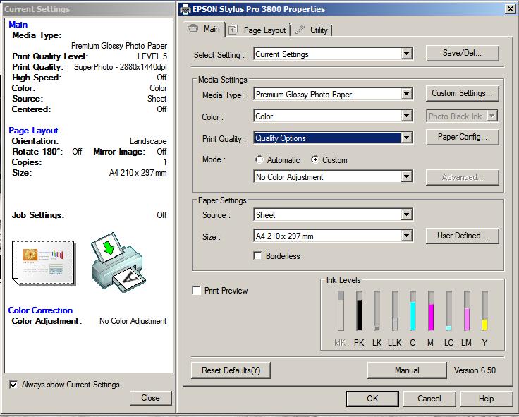 Vista Photoshop CS4 Epson 3800 Colour Step 2 The Page Setup window looks like the one below: Select the Media Type defined by the
