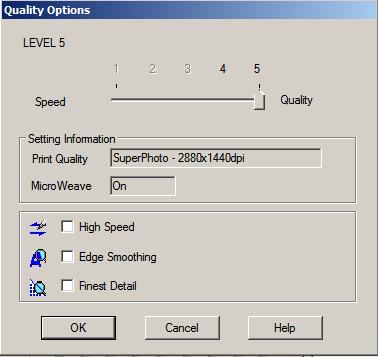 Choose 1400 or 2880dpi and High Speed Off Check Custom then No Color Adjustment Note that the Current Settings box above confirms all
