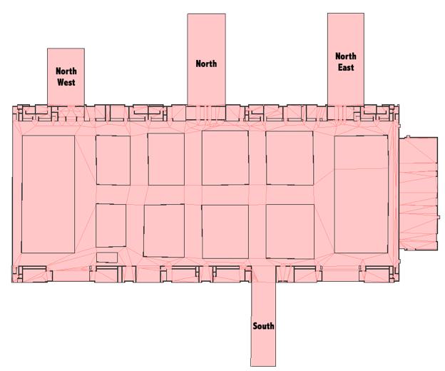 The figures illustrate an exhibition state of halls. The boxes in the figures are display spaces and small rooms for exhibitions.