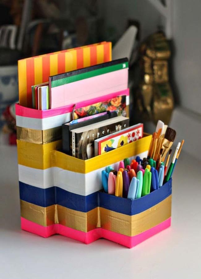 November. Using recycled materials such as cereal boxes and toilet paper/paper towel rolls, create a desk organizer for your school desk.