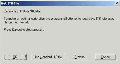 Océ Scanner Maintenance program The following dialog appears when the Océ Scanner Maintenance program cannot find the IT8 calibration sheet reference file that corresponds to the maintenance sheet