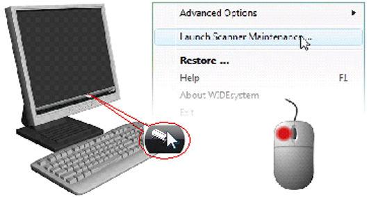 Installation 14 Action Calibrate - Run scanner maintenance program This step will ensure that your cameras are aligned. 1. Right click on the scanner icon. 2. Select Launch Océ Scanner Maintenance. 3.
