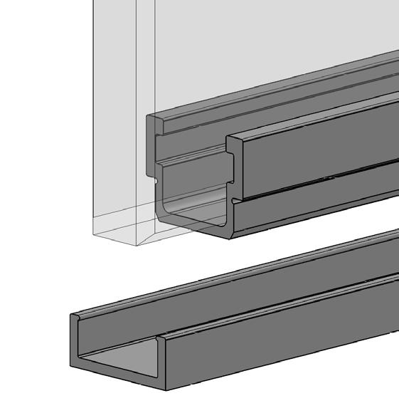 Slide the Bottom Rail (Short) over the small bonded profile that is on the glass and push into the siliconed prefitted joint. 3.