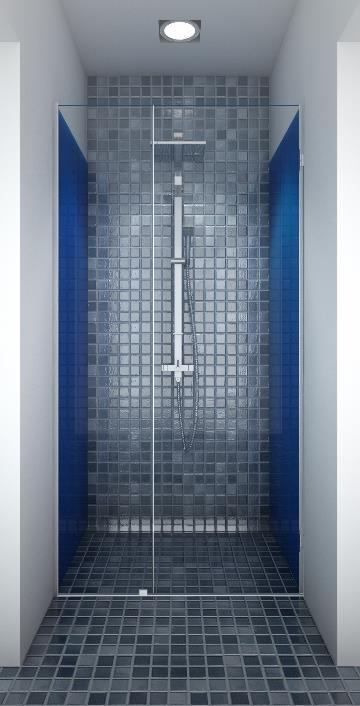 Model CI-2: Door and fixed panel less than 35 cm wide in an alcove With Clip-In Door, this alcove installation with a fixed glass panel and wall-mounted hinged door offers a simple, fully watertight