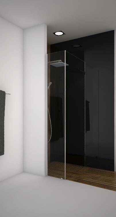 Model CI-3: Corner screen with wall-hung door and a fixed return less than 35 cm wide With Clip-In Door, where the fixed glass return panel is sufficiently narrow (less than 35 cm wide), this corner
