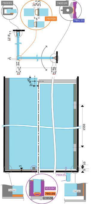 Model CI-4: Corner cubicle with wall-hung door and a fixed return in excess of 35 cm wide, stabilised with a square support bar On the fixed return side, the U section recommended for wall mounting