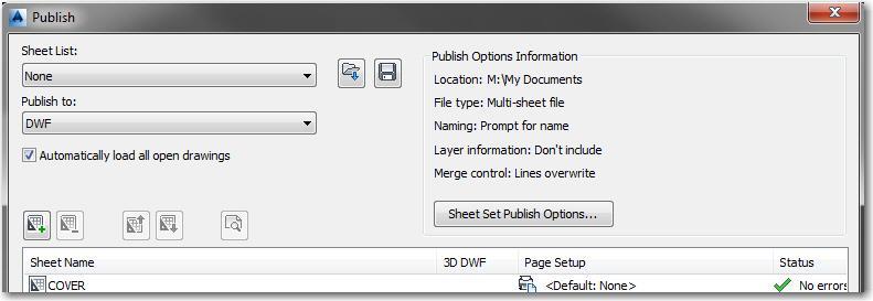 In the Publish Options Information area, click the <Sheet Set Publish Options > button: NOTE: By using the default page setup the plan set will