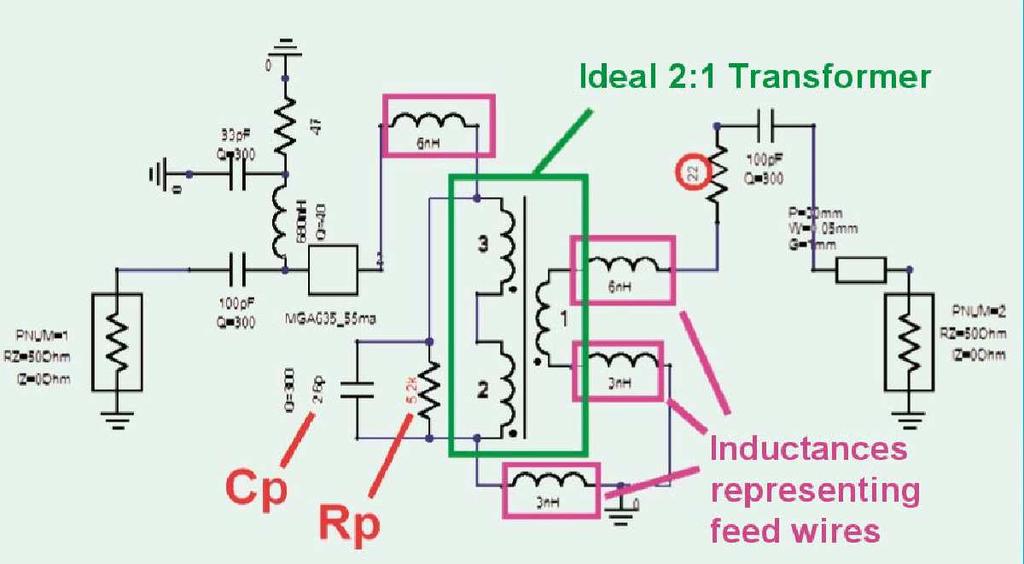 Fig 9: The simulation diagram looks much more complicated with the transformer and associated wiring inductances constant over a very wide frequency range (see Part 2).