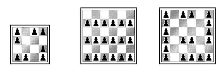 Figure 1: Arrangements of nonattacking pawns for even length chessboards Figure 2: The four maximum arrangements of 2 pawns on a 2 2 chessboard Definition 2.1. Let M 2m = (m i,j ) 1 i,j m+1 be the matrix who entries consist of arrangements of 2m nonattacking pawns on a 2 2m rectangular chessboard.