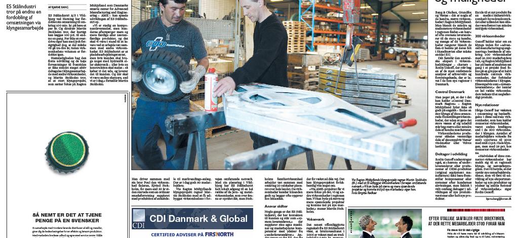 This double page feature article on klynger or clusters in Borsen features a story on Stalindustri a local metal engineering company with around 90 employees.