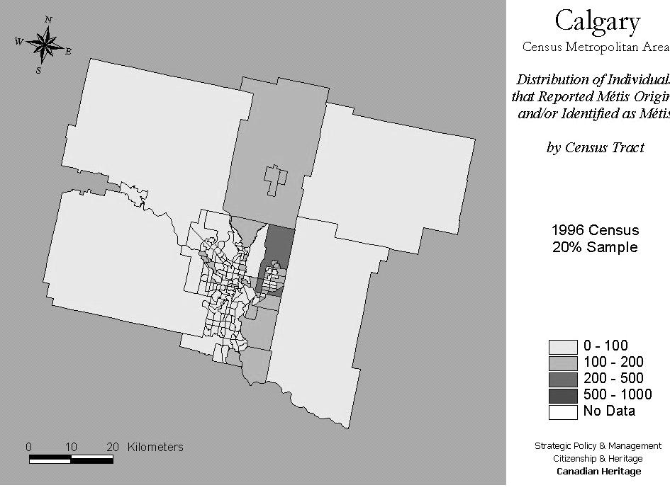 Reporting in Urban Centres on the 1996 Census / 19 Map 7: Calgary Census Metropolitan Area Distribution of Individuals that Reported Origins and/or Identified as by Census Tract 1996 Census 2% Sample