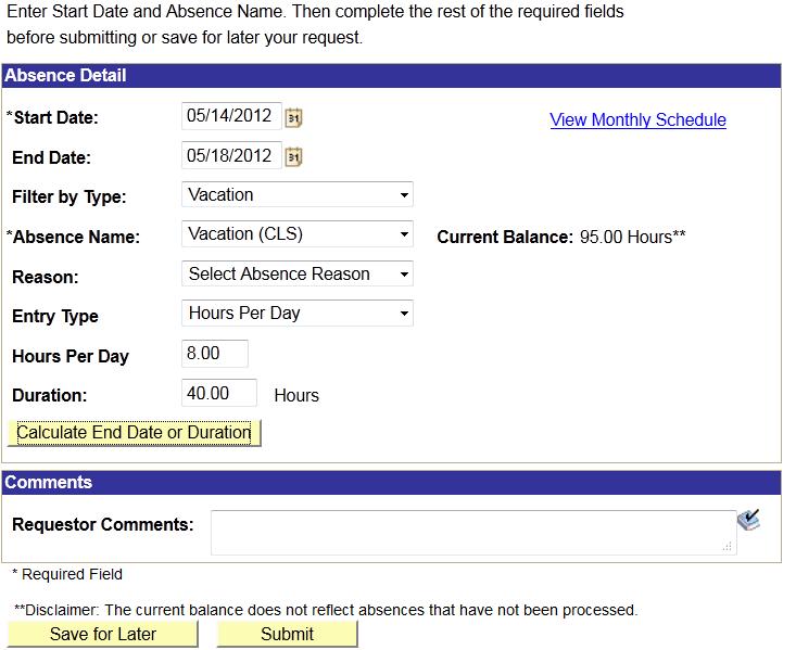 How to enter an absence for multiple days in a row: Requests must be entered Mondays - Fridays.