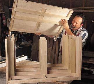 Mark the mortise locations on the front legs, then use a mortiser or router to cut the mortises.