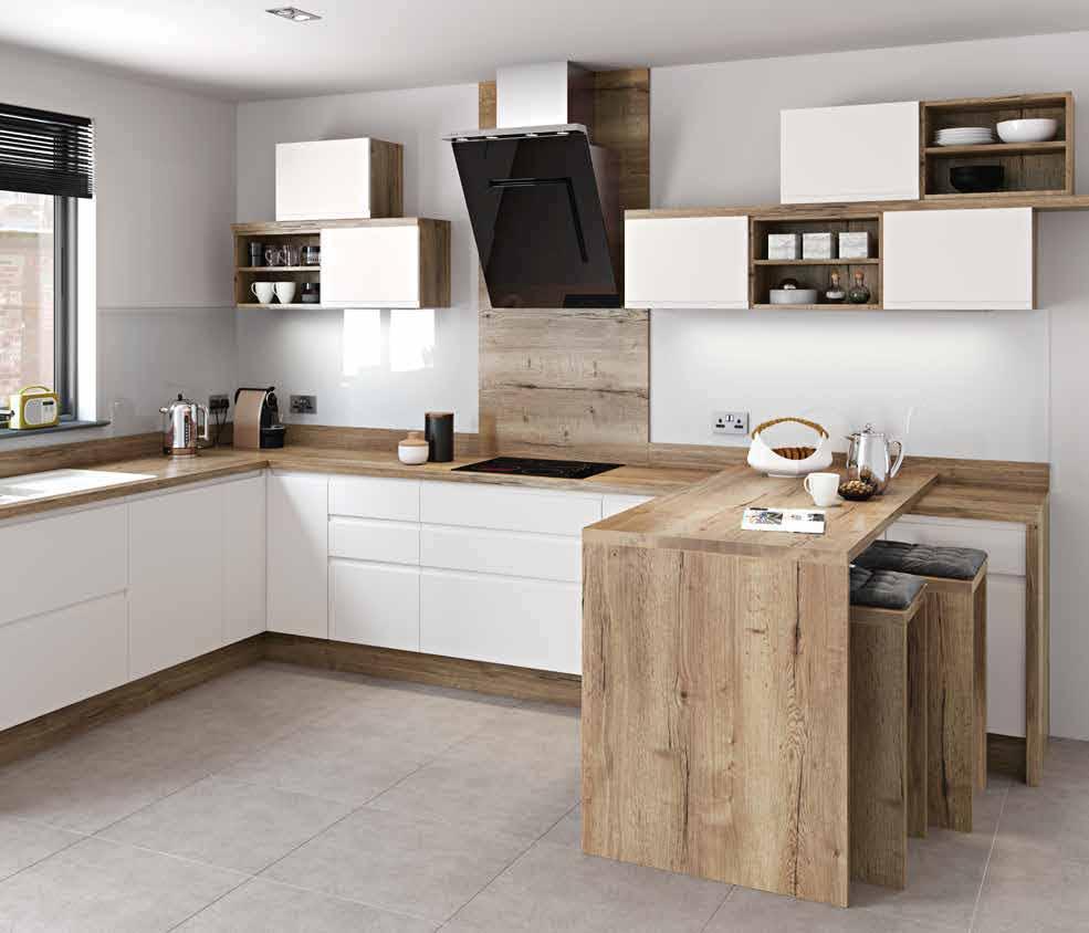 natural oak & white matt This contemporary yet characterful worktop surface gives the authentic look of