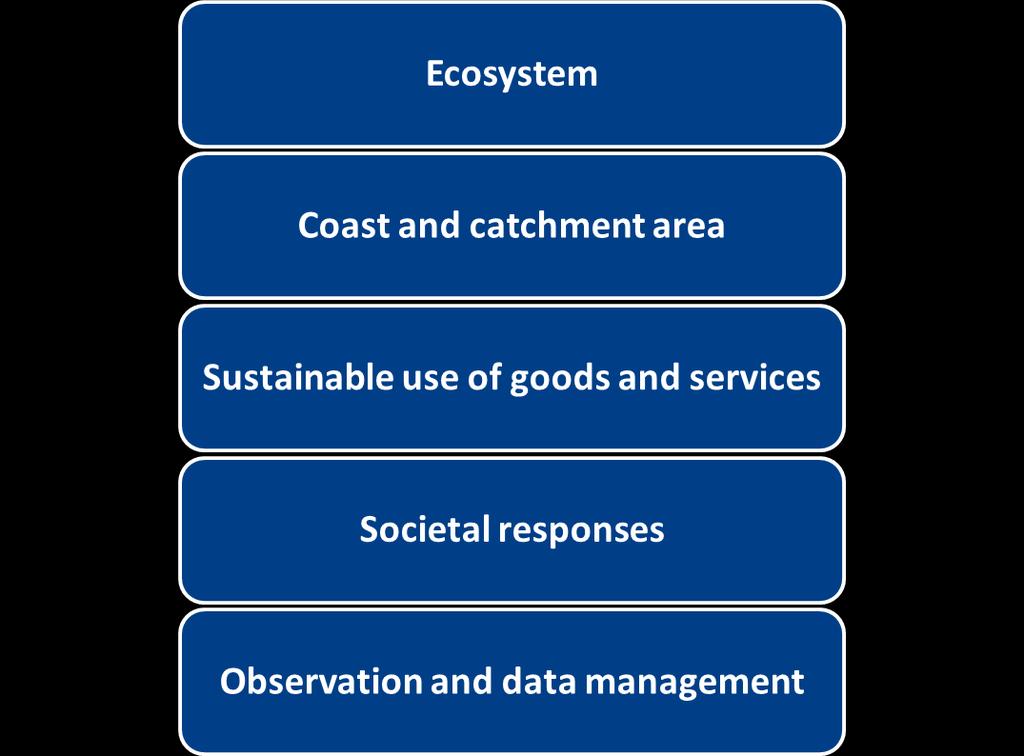 Five strategic objectives: Structure of the research agenda 19 themes: Biogeochemical processes Biodiversity Food webs Hazardous substances Catchment land cover Coastal systems ICZM Eco-technology