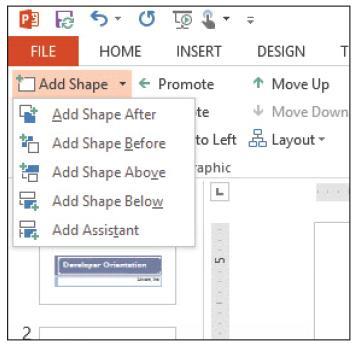 Step by Step: Add a Shape to a SmartArt Graphic 4. Click the Add Shape dropdown arrow in the Create Graphic group.