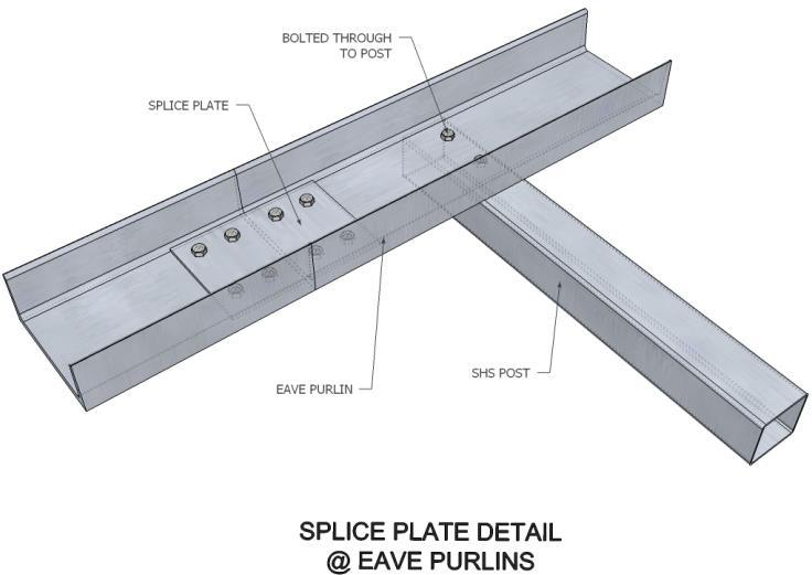 If the total length requires more than one continuous piece, C-Eave Purlins are butt jointed with splice plate, offset from the column as