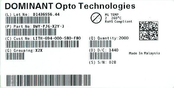 Packaging Specification Moisture sensitivity level Barcode label (L) Lot No : lotno (P) Part No : partno (C) Cust No : partno ML TEMP 2 260 C RoHS Compliant (Q) Quantity : quantity (G) Grouping :