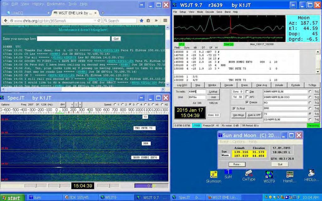 Typical JT65B EME screen setup Upper Left is a chat room window to talk to others on EME Below it is