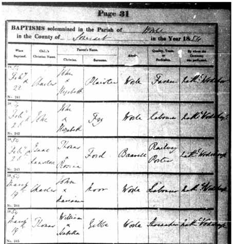 Chr. in the Parish of Worle, Somerset, England FHL Film # 1526776 Item 18-30 Date 19 March 1854, Note that William and Isabella have two children born to them while in Worle and Both of then died