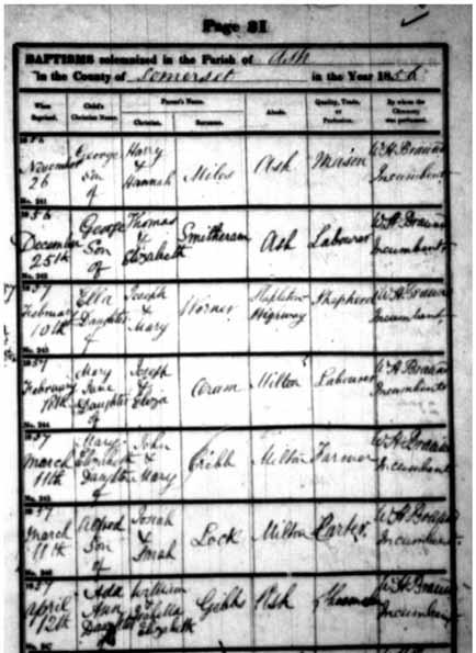 I did not find Lucy's Chr. in the Parish of Ash. She is found in Martock. 1858 Birth Index Dec 1858 Gibb, Lucy Emma, Dist Yeovil, Vol. 5c, Page 501 Chr: Parish of Martock, Somerset, England.